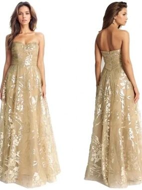 NWOT Rene Ruiz Collection Strapless Gold/Beige Sequin Floral A-line Gown XS (2)